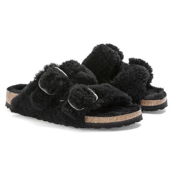 New Birkenstock Papillio Arizona Teddy Shearling Fur Platform Sandals Black EU37 - Picture 4 of 9